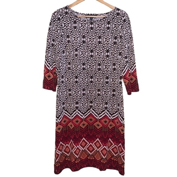 NINE WEST 3/4-sleeve Dress Stretch Straight Hem Aztec Brown Red Orange Womens 12 - Picture 11 of 11